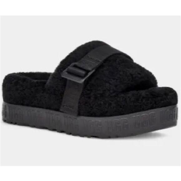 UGG Shoes - UGG Fluffita Platform Sheepskin Slipper Black Size 9/9.5 Lounge Travel Fuzzy‎